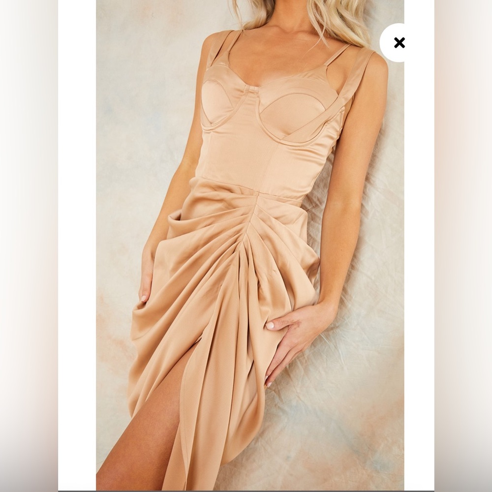 NWT Mocha Satin Strap Detail Underwired Gathred Skirt Midi Dress